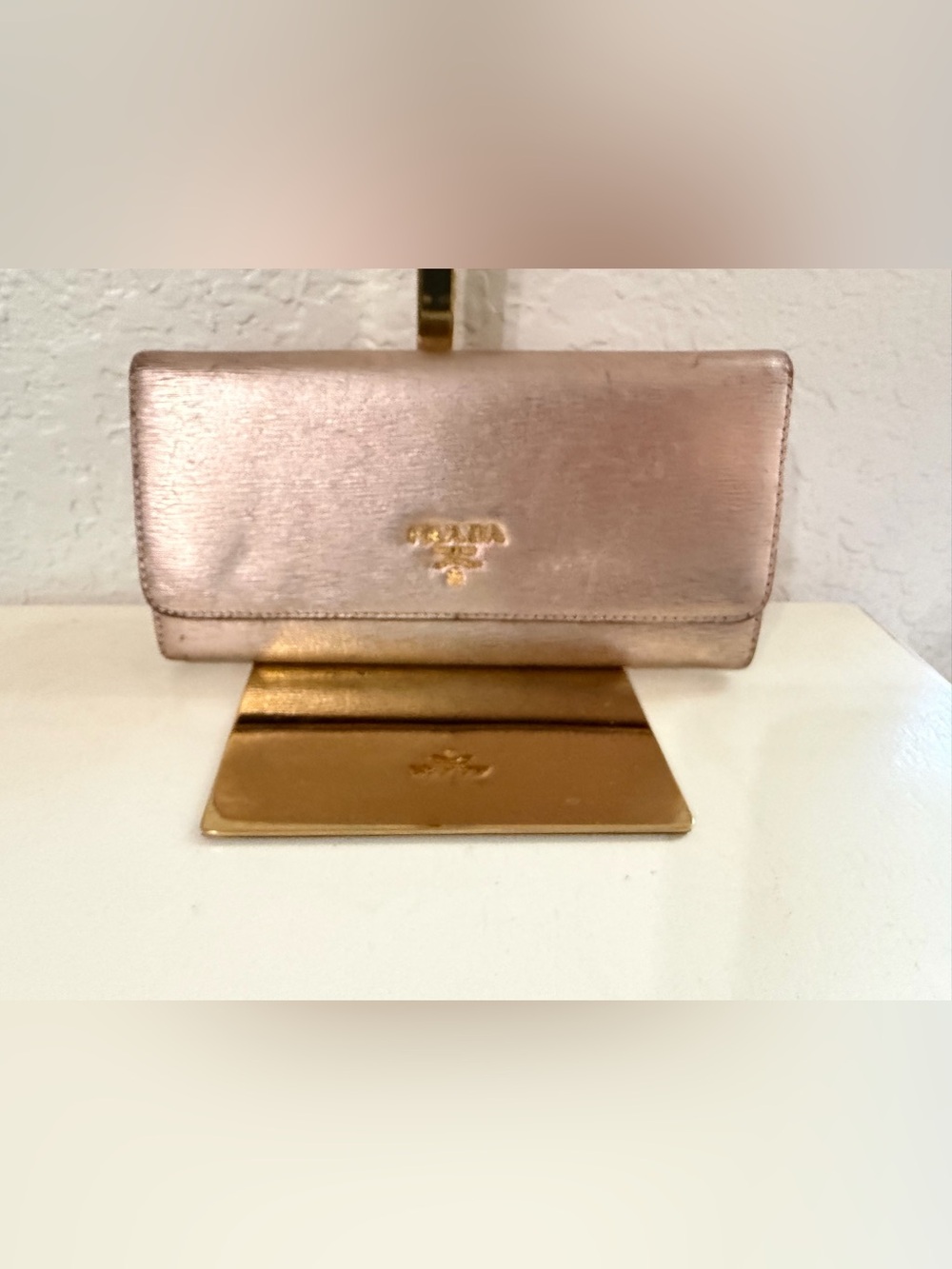 Prada Metallic Rose Pink Leather Wallet with Gold Hardware